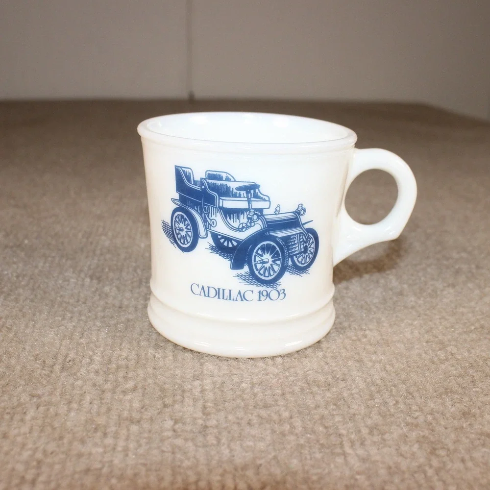 Vintage Surrey Milk Glass Shaving Mug Blue 1903 Cadillac Surrey Made in USA
